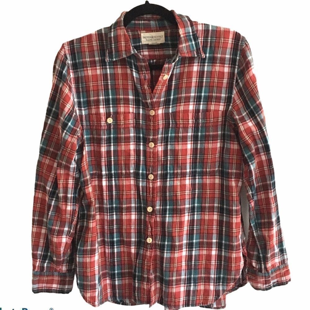 DENIM & SUPPLY RALPH LAUREN Plaid Flannel Cotton Button Down Shirt Red Blue S